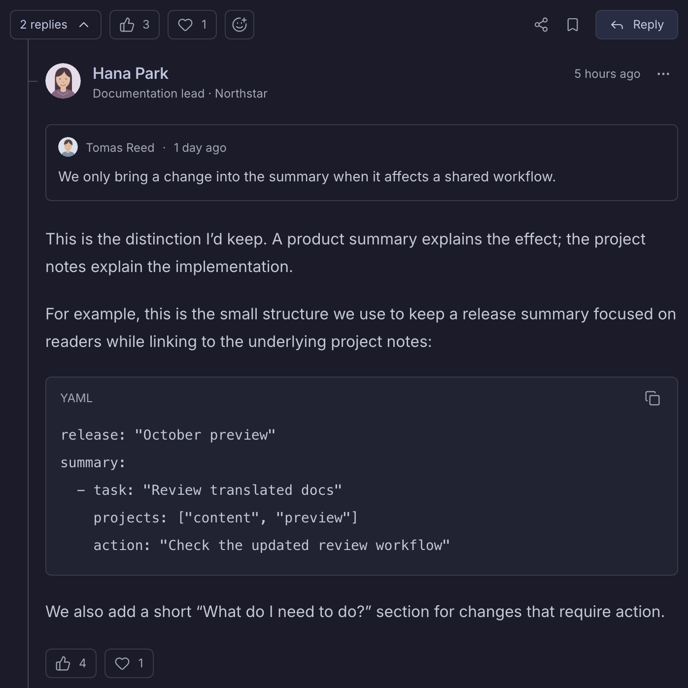 A threaded reply with author avatars, a quoted contribution, reactions, and a code example in dark mode
