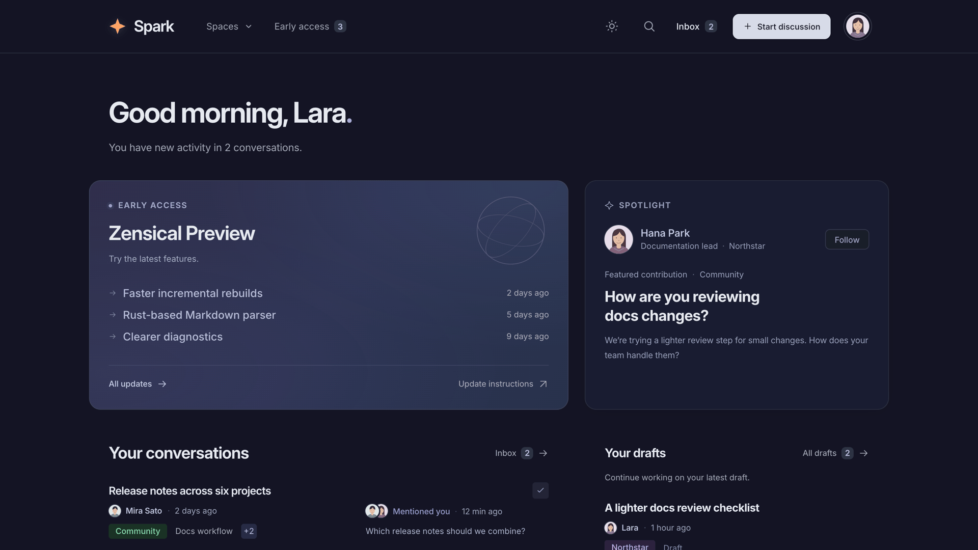 Spark Home with its header, greeting, early access updates, and Community spotlight in dark mode
