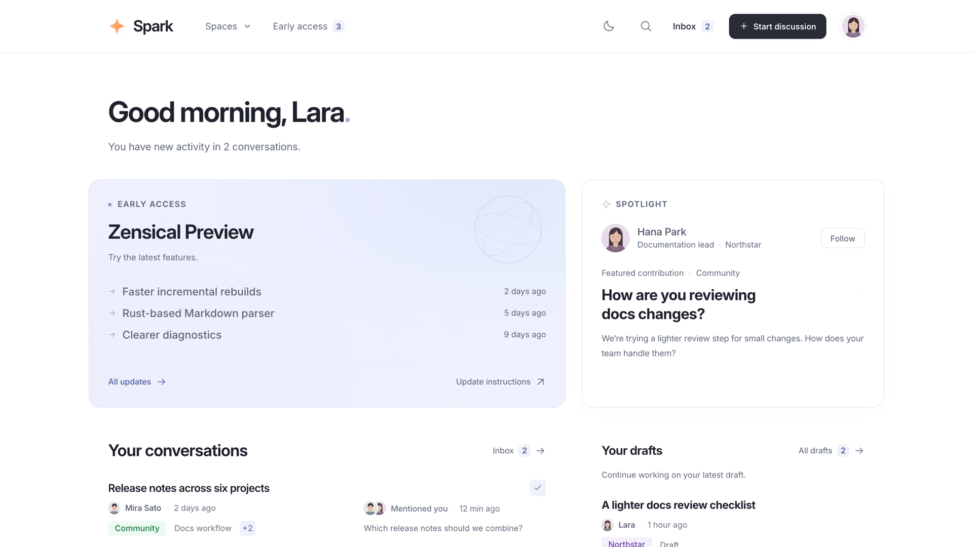 Spark Home with its header, greeting, early access updates, and Community spotlight