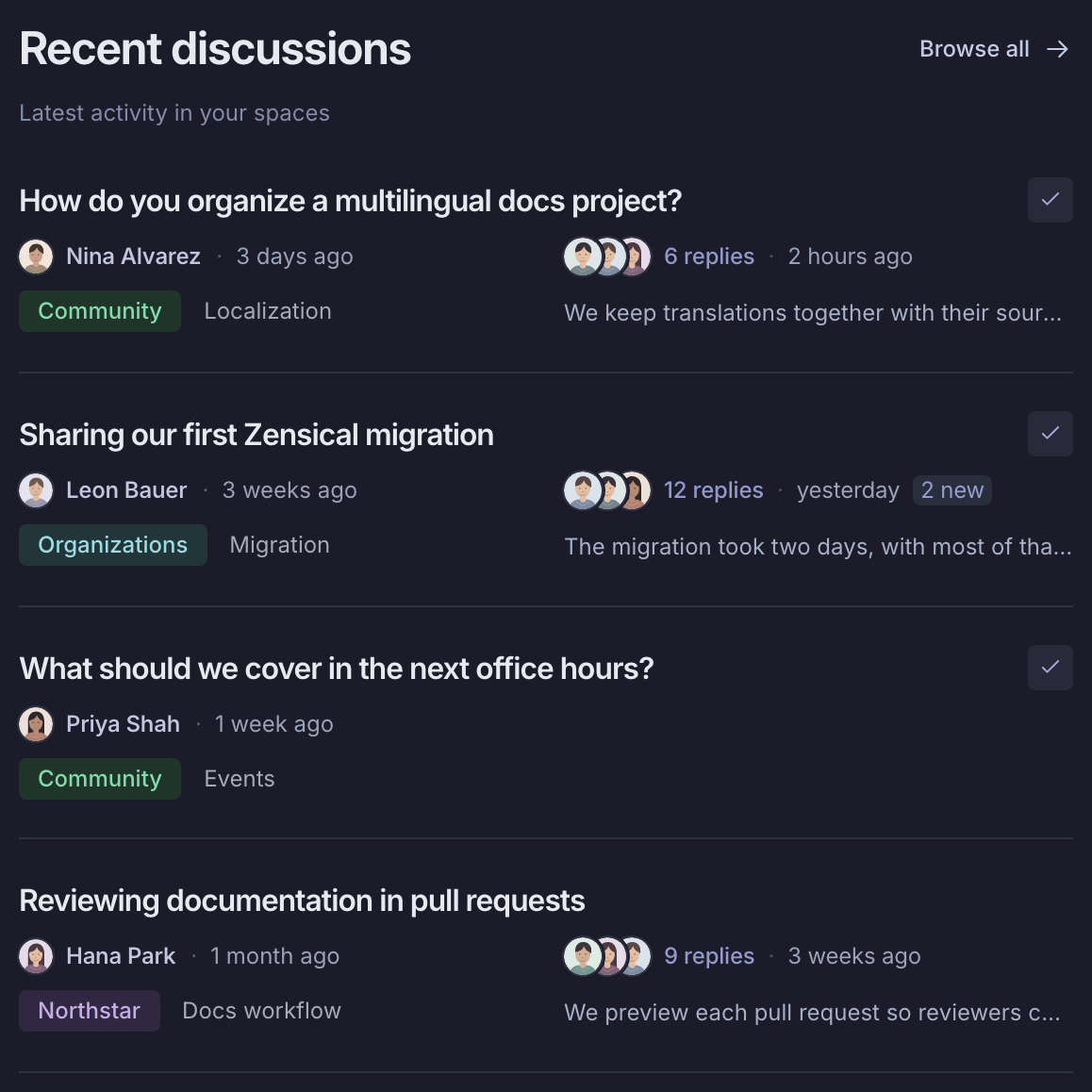 Recent discussions with author and participant avatars, spaces, reply counts, and activity previews in dark mode