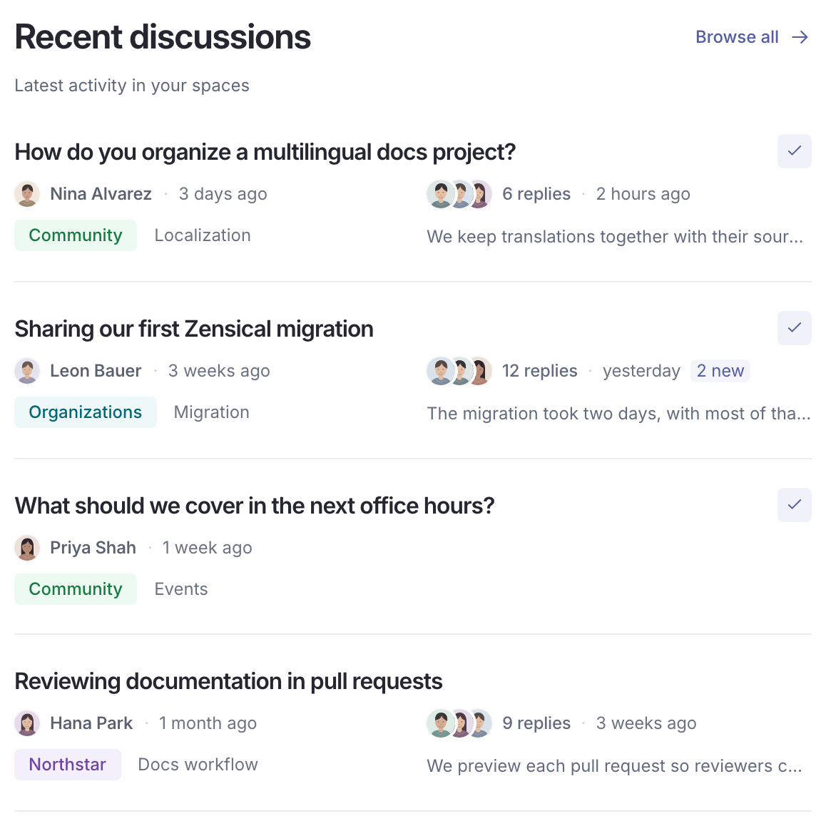 Recent discussions with author and participant avatars, spaces, reply counts, and activity previews