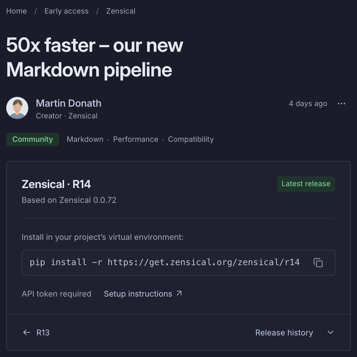 The R14 early access release with its headline, installation command, and release history in dark mode