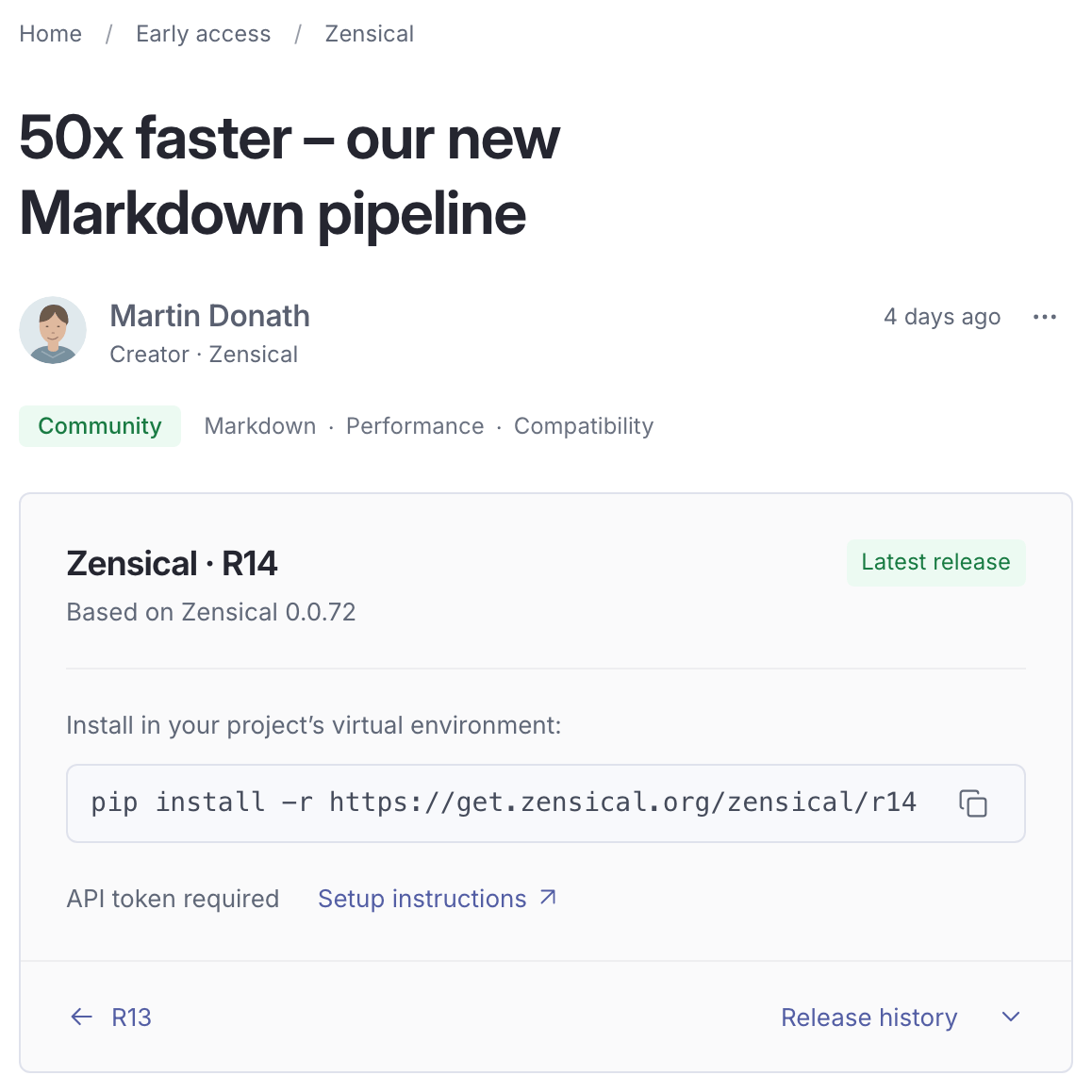The R14 early access release with its headline, installation command, and release history