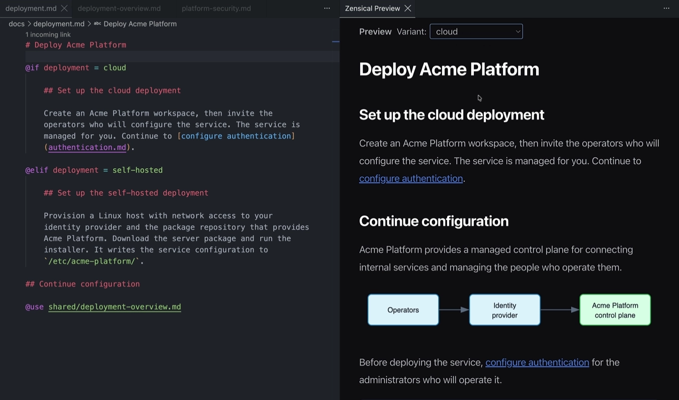 shows switching between variants and how the source documents imports
reusable content