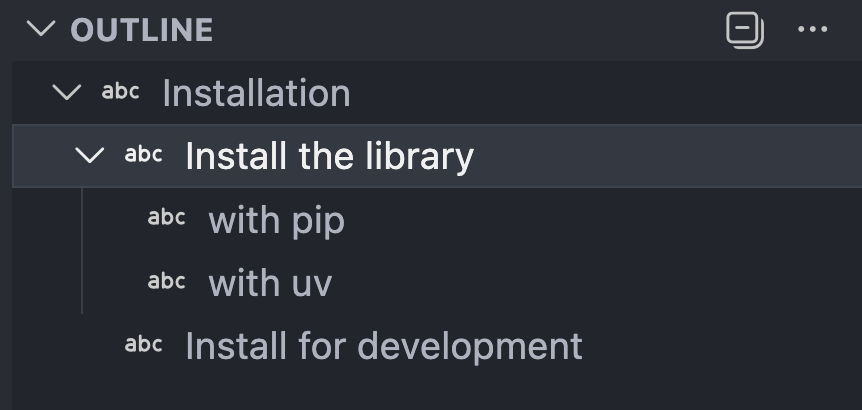 the outline view shows the heading structure of the current page