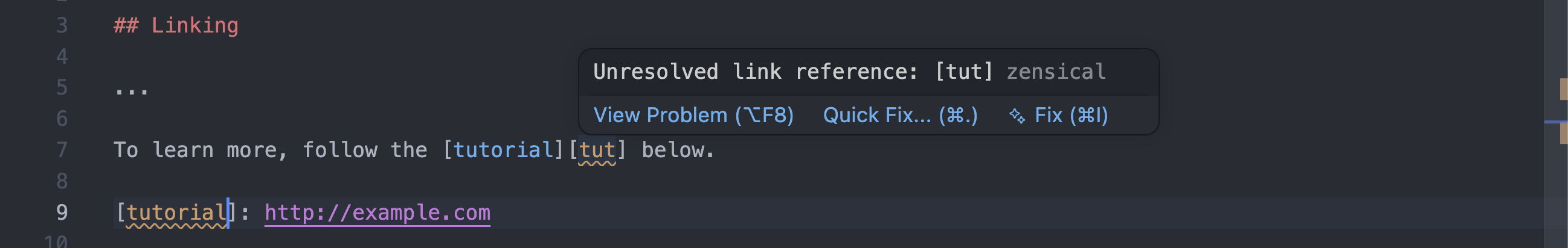 broken links are shown in the editor