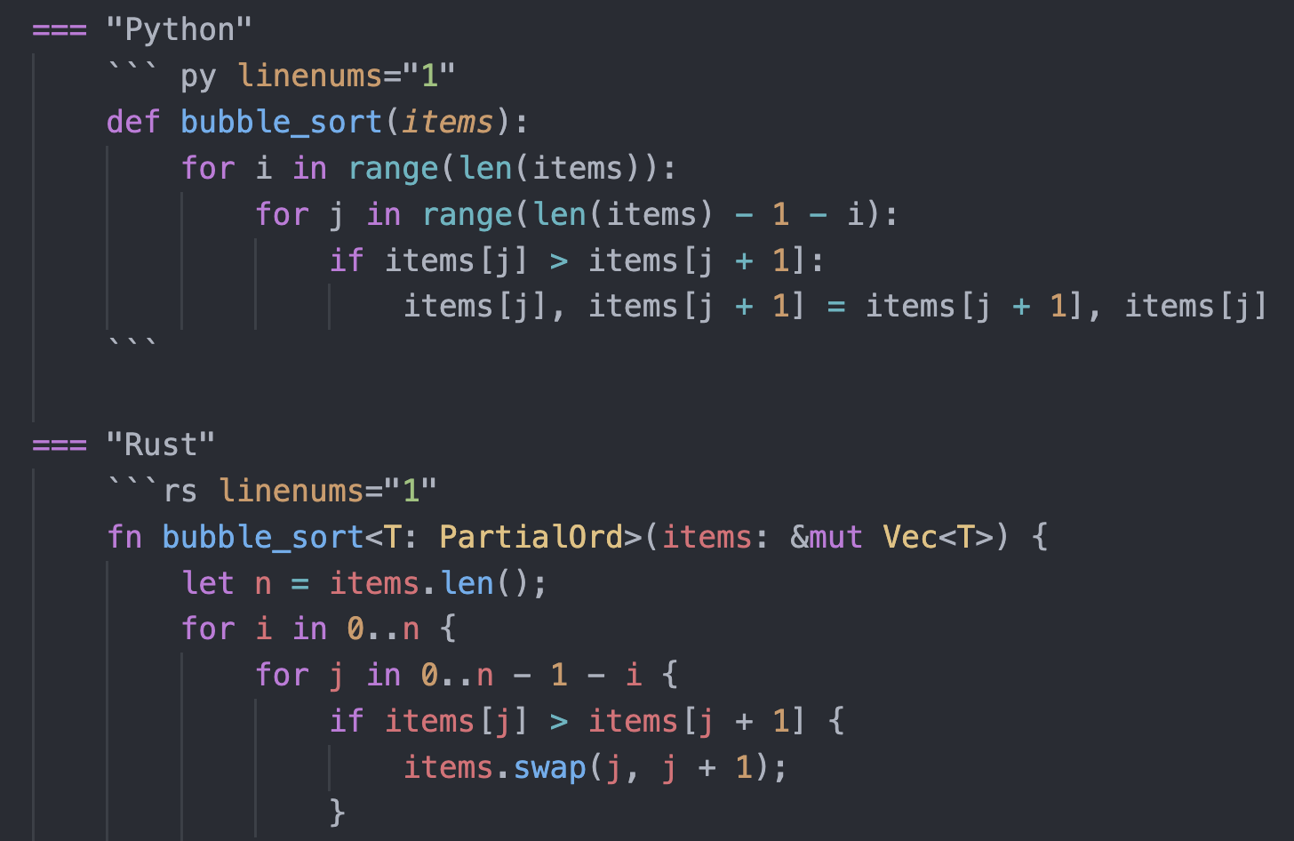 source code in Python and Rust with syntax highlighting