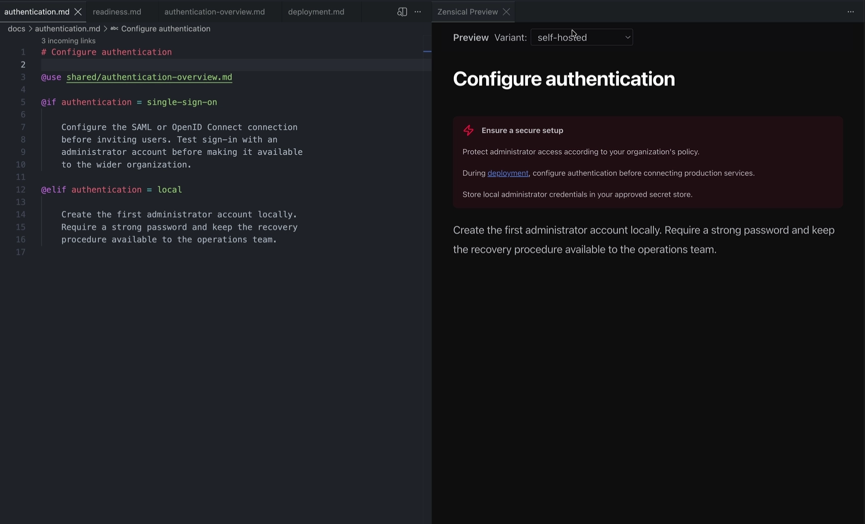 shows switching between variants and how the source document imports
reusable content