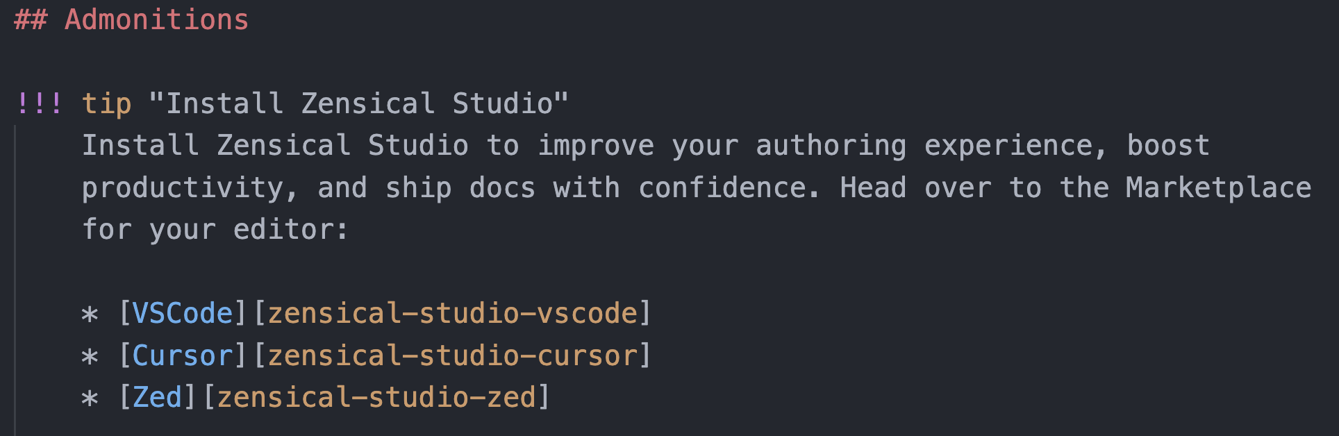 Syntax highlighting with Zensical Studio