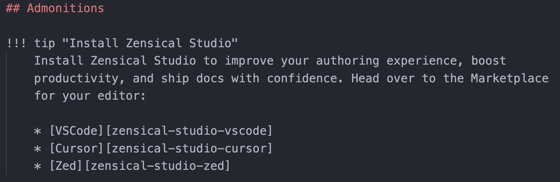 Syntax highlighting without Zensical Studio