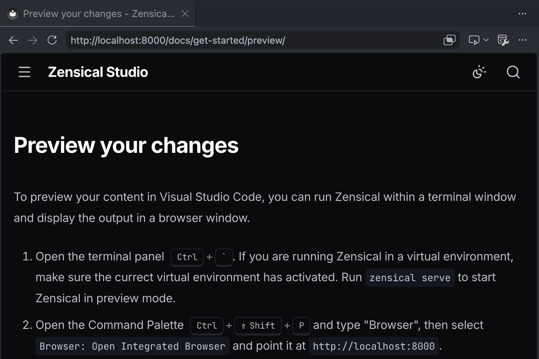 The built-in browser in VSCode makes it easy to preview your content.